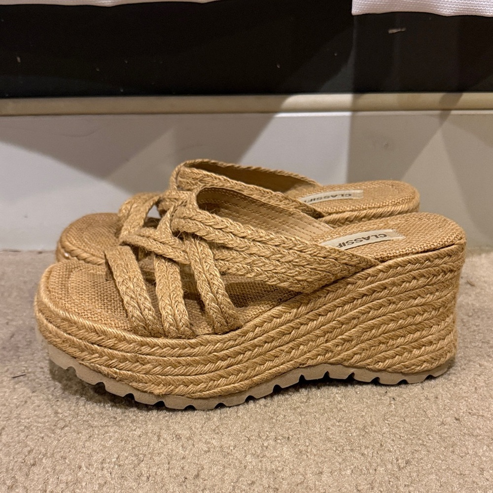 Y2K vintage Tan Braided Jute Platform Slide Sandals